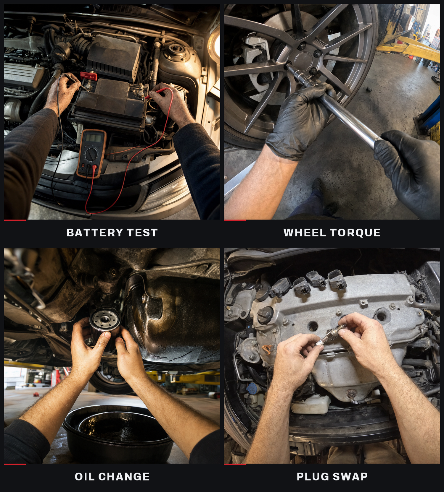 Point-of-view footage captured with AutoVue: battery test, wheel torque, oil change, plug swap