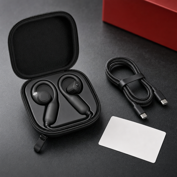 AutoVue earbuds in the open carry case with charging cable